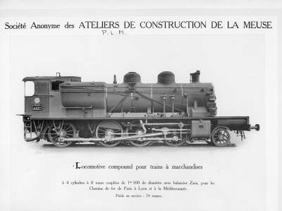 <b>Locomotive compound pour trains à marchandises</b><br>à 4 cylindres à 8 roues couplées de 1m500 de diamètre avec balancier Zara<br>pour les Chemins de fer de Paris à Lyon et à la Méditerranée